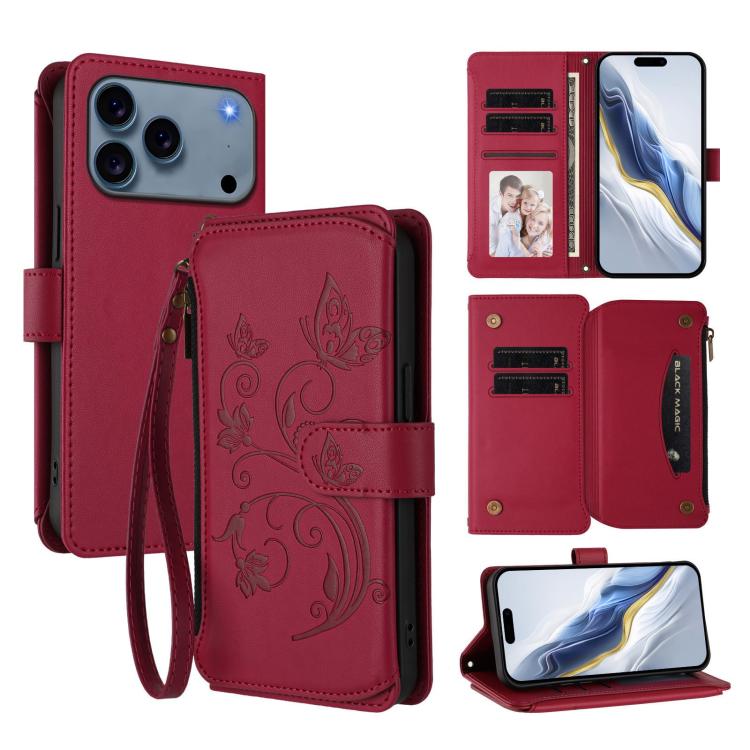 Butterfly Love Flower Multi-card Zipper Wallet Leather Phone Case, For iPhone 17e / 16e, For iPhone 17 Pro Max, For iPhone 17 Pro - InStock