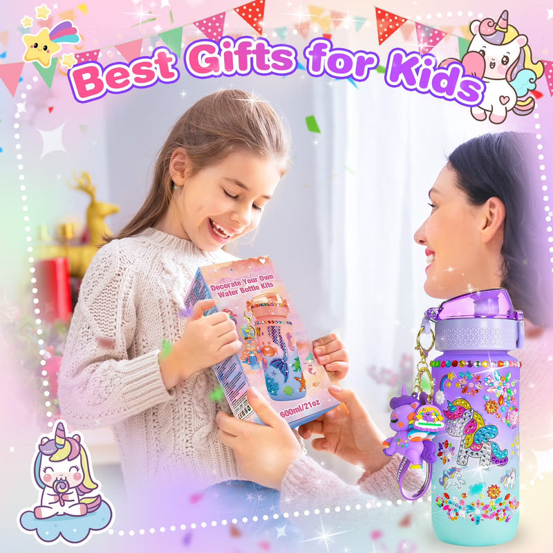Decorate Your Own Unicorn Water Bottle – Craft Kit for Girls Ages 5–12 with Gem Stickers, Unicorn Pendant & 600ml Bottle – Birthday Gift Idea