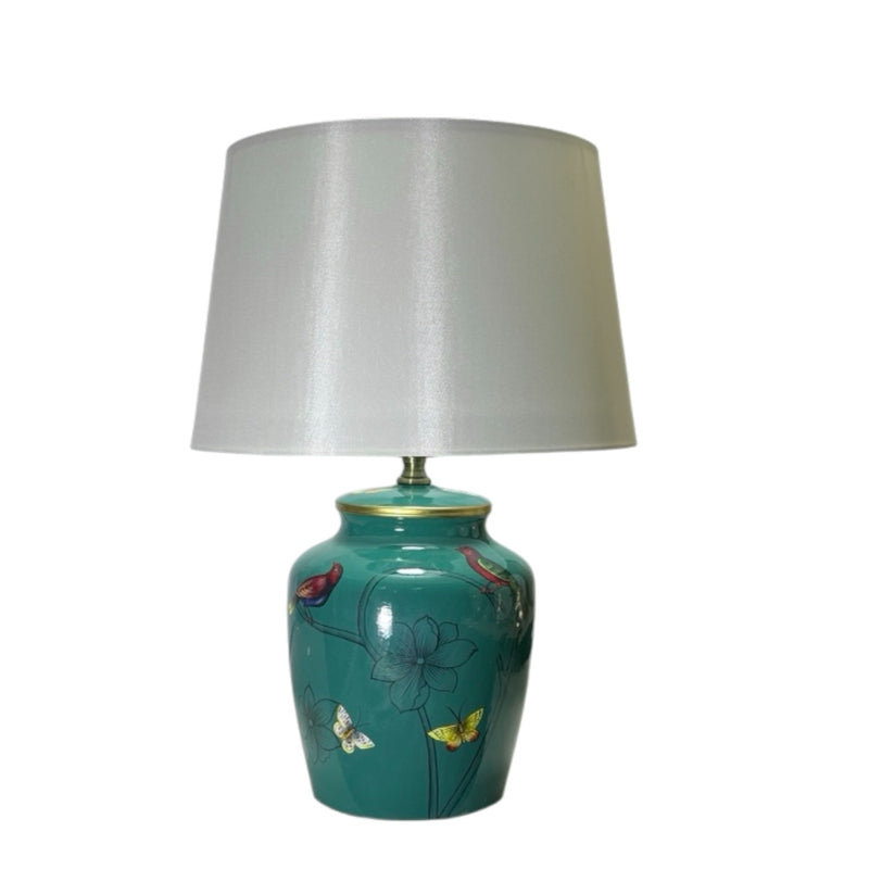 AcaciaHome Modern 39cm Large Floral Ceramic Table Lamp with White Drum Shade, Bedside Table Lamp, Floral Pattern Ceramic Base, Corded Indoor Light for Bedroom, Living Room, Study & Dining Room