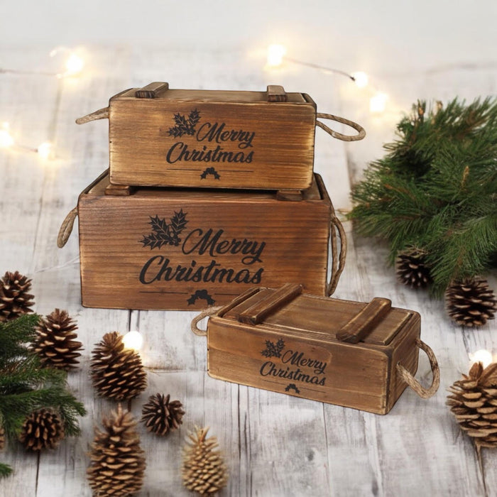 SET 3 WOODEN CRATES WITH LIDS ROPE HANDLES