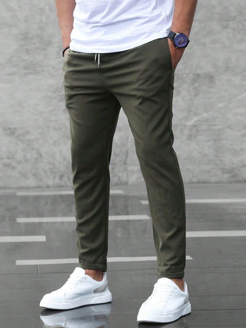 Men's Casual Drawstring Trousers Slim Fit Straight Leg Pants with Pockets Trendy