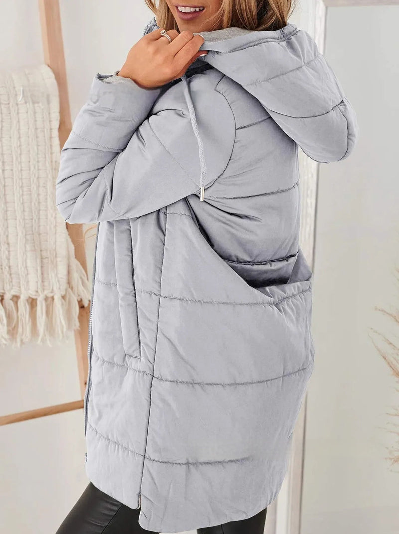 Women's Hooded Solid Color Pocket Long Cotton Jacket Coat
