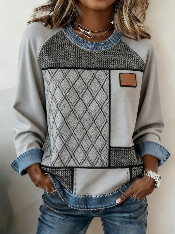 Spliced round Neck Casual Long-sleeved Top
