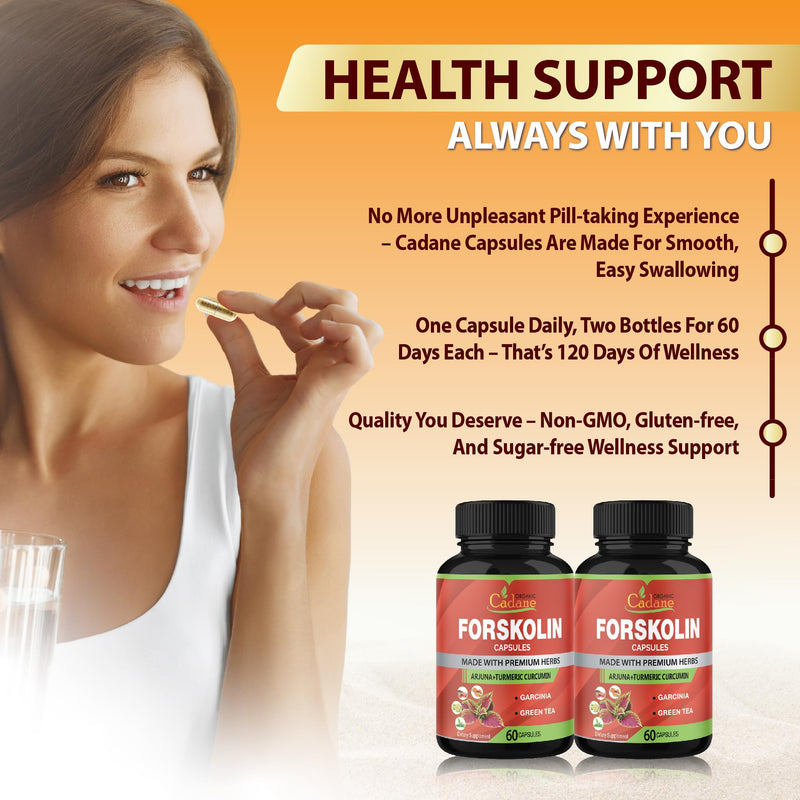 Cadane Forskolin Capsules – 2 Packs with Turmeric, Arjuna, Garcinia Cambogia & Green Tea | 4 Months Supply