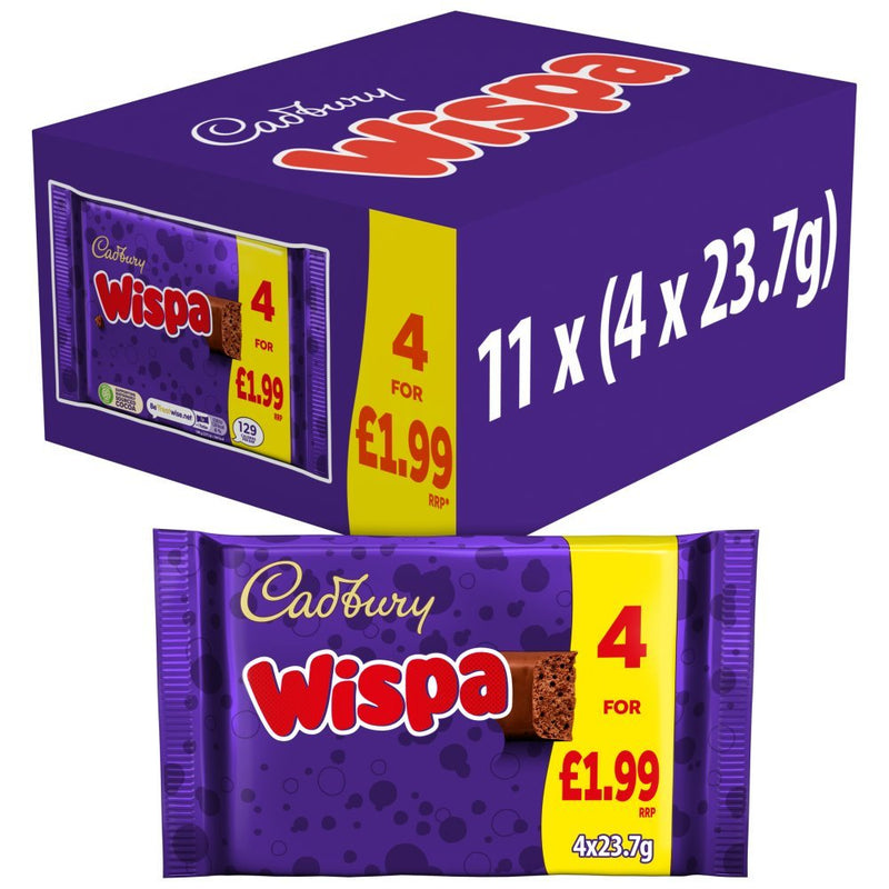 Cadbury Wispa Chocolate Bar 4 Pack Multipack 94.8g (Case of 11 Total 44 Bars)