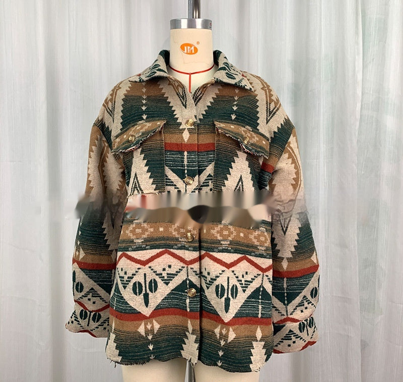 Retro Style Jacket Thick Retro Aztec Printed Woolen Coat