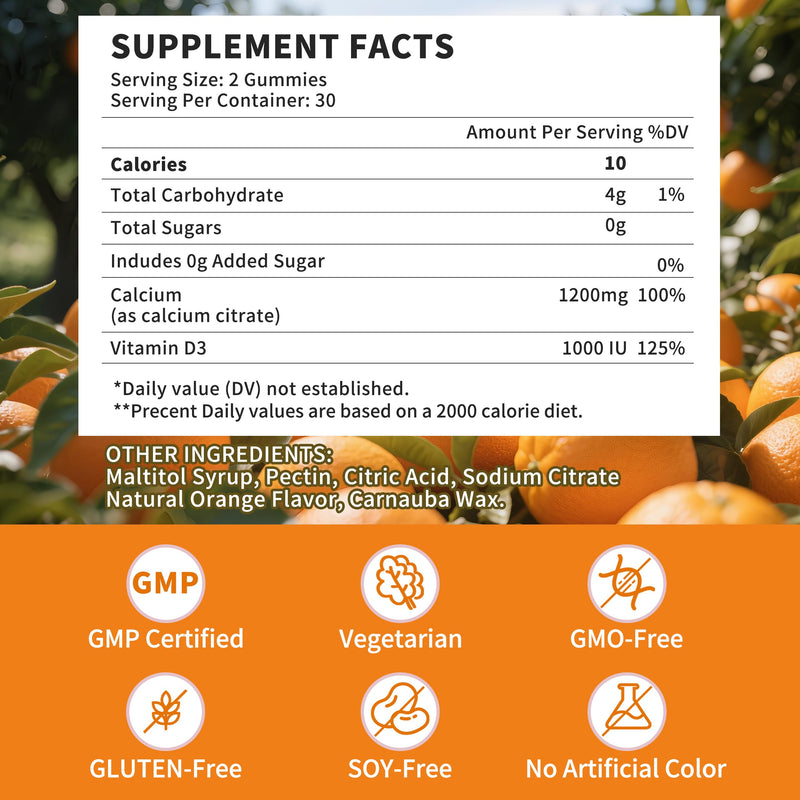 (2 Pack) Calcium Citrate 1200mg + Vitamin D3 Gummies – Vegan, Sugar-Free, Orange