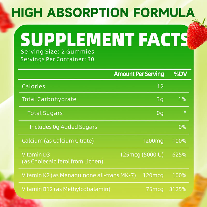 Calcium Citrate 1200mg Gummies with Vitamin D3, K2 & B12 – 60 Count