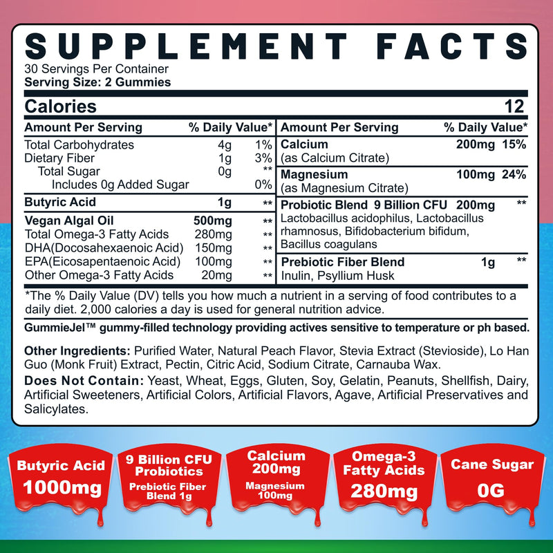 Nextdia Butyrate Gummies with Probiotics, Prebiotics & Omega-3 – Sugar Free
