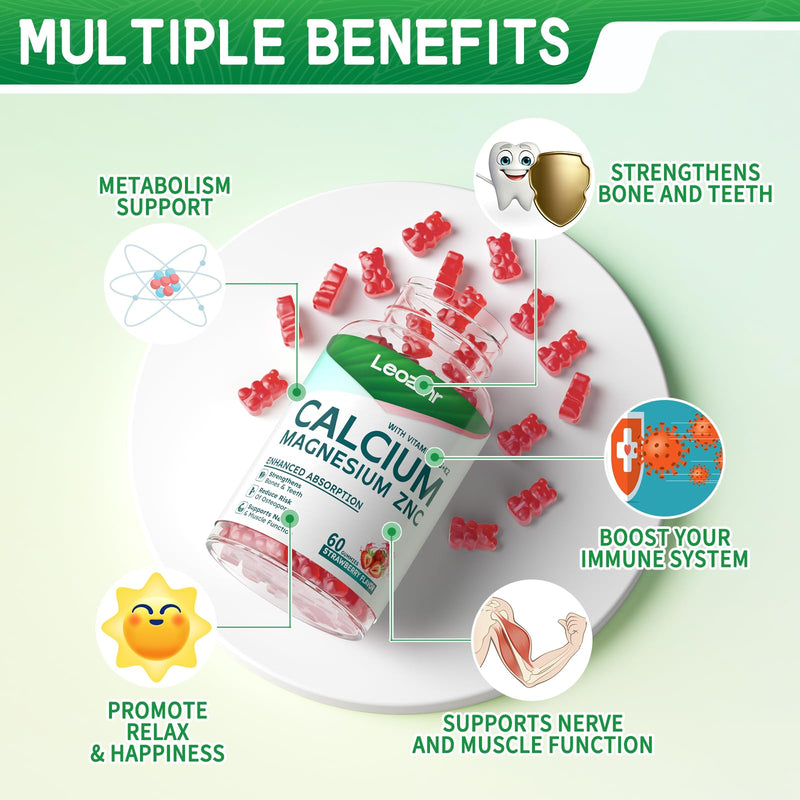 Calcium Magnesium Zinc Gummies with Vitamin D3 & K2 - High Potency, Enhanced Absorption - 120 Strawberry Gummies