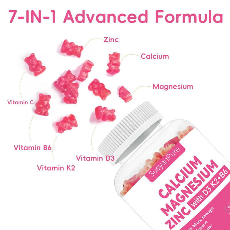 Sugar Free Calcium Magnesium Zinc Gummies with Vitamin D3 C B6 K2 – 600mg Calcium, 300mg Magnesium (60 Count)