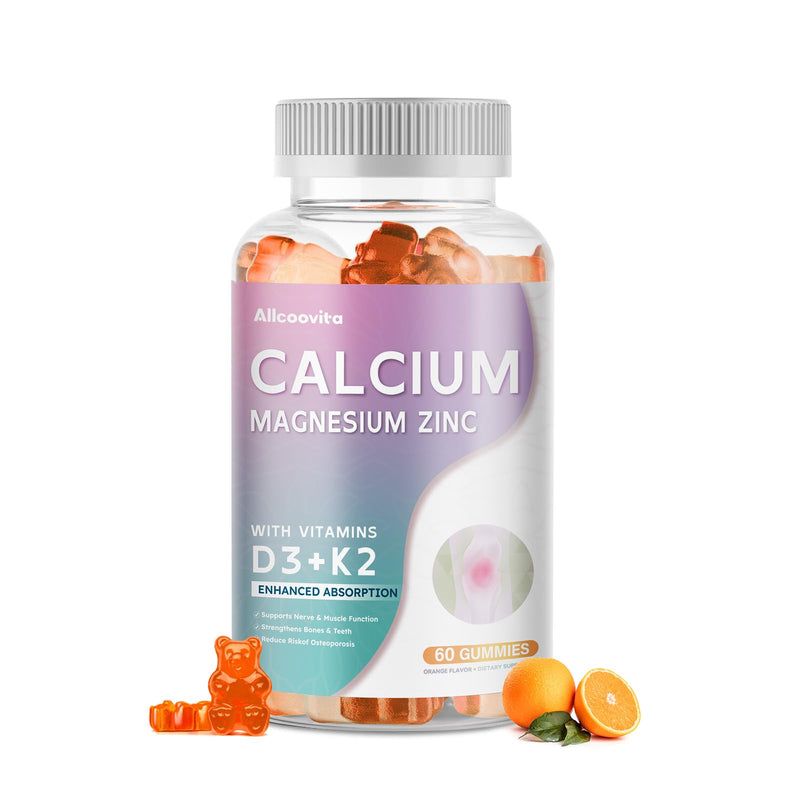 Calcium Magnesium Zinc Gummies with Vitamin D3 & K2 – High Potency Orange 60 Gummies