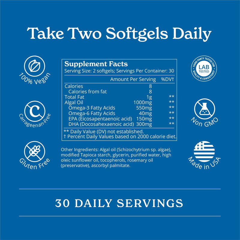 Calgee Vegan Omega-3 450mg DHA + EPA from Algae | Carrageenan-Free Softgels (120 Ct)