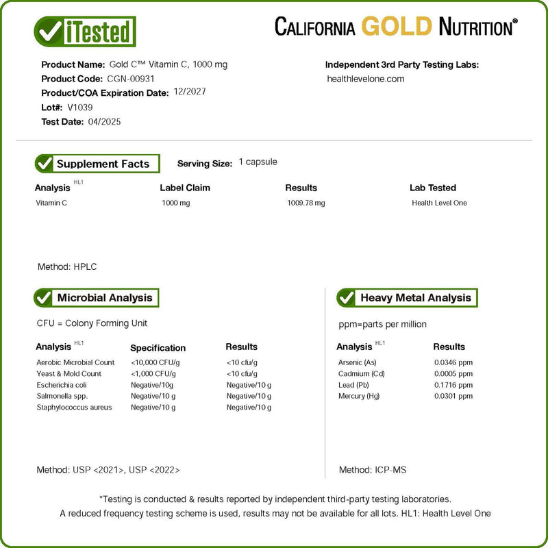 California Gold Nutrition Gold C® Vitamin C 1,000 mg, 60 Veggie Capsules