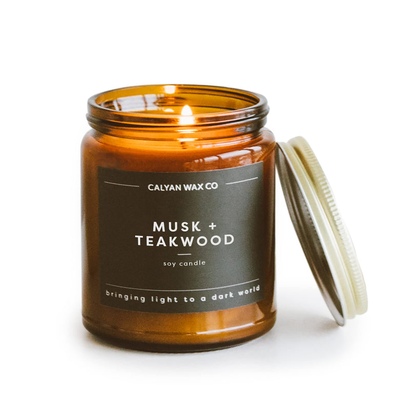 Calyan Wax Co. Musk & Teakwood Candle | 57-Hour Burn, Non-Toxic Soy, Amber Glass Jar 7.2oz