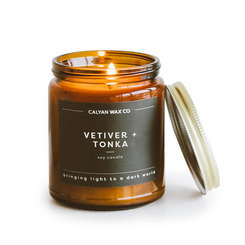 Calyan Wax Co. Vetiver & Tonka Candle - 57 Hour Burn, Non-Toxic Soy, Amber Glass Jar 7.2oz