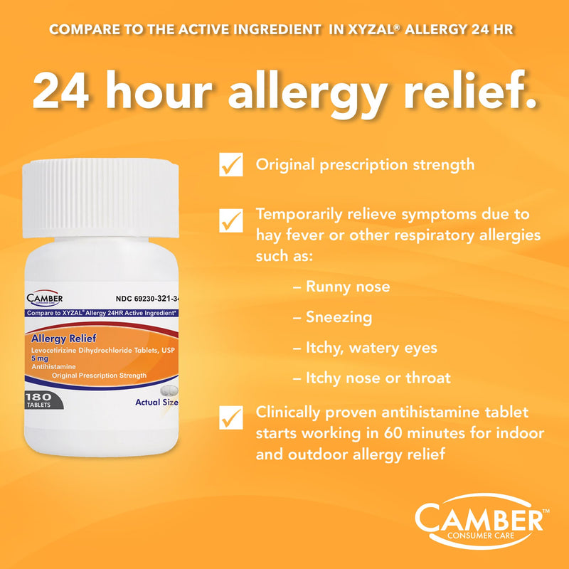 Camber Consumer Care Levocetirizine Dihydrochloride 5mg Tablets – 24-Hour Allergy Relief (80 Count) Compare to Xyzal