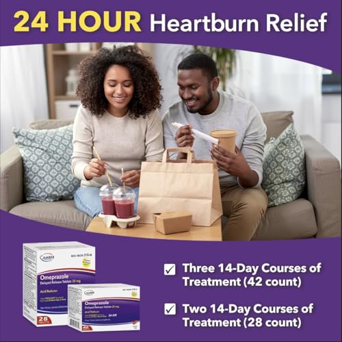 Camber Omeprazole 20mg Delayed-Release Tablets | Heartburn & Acid Reflux Relief (42 Count)