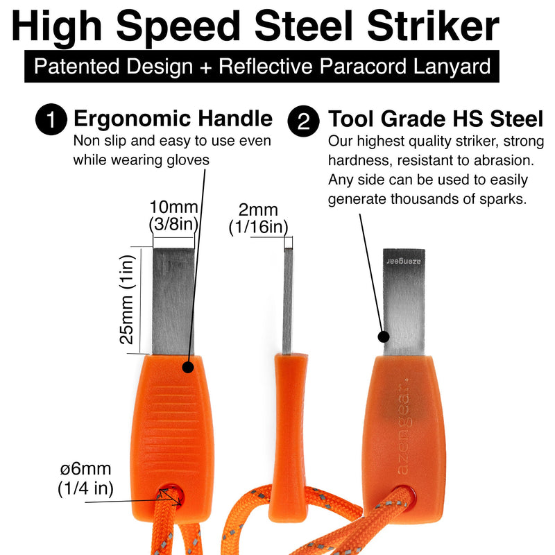 Ferro Rod Fire Starter Kit (10cm x ⌀1cm), Flint and Steel Striker, Fluorescent Paracord - 15,000 Strikes Firesteel Survival Tool for Hiking, Camping and Outdoor Emergency