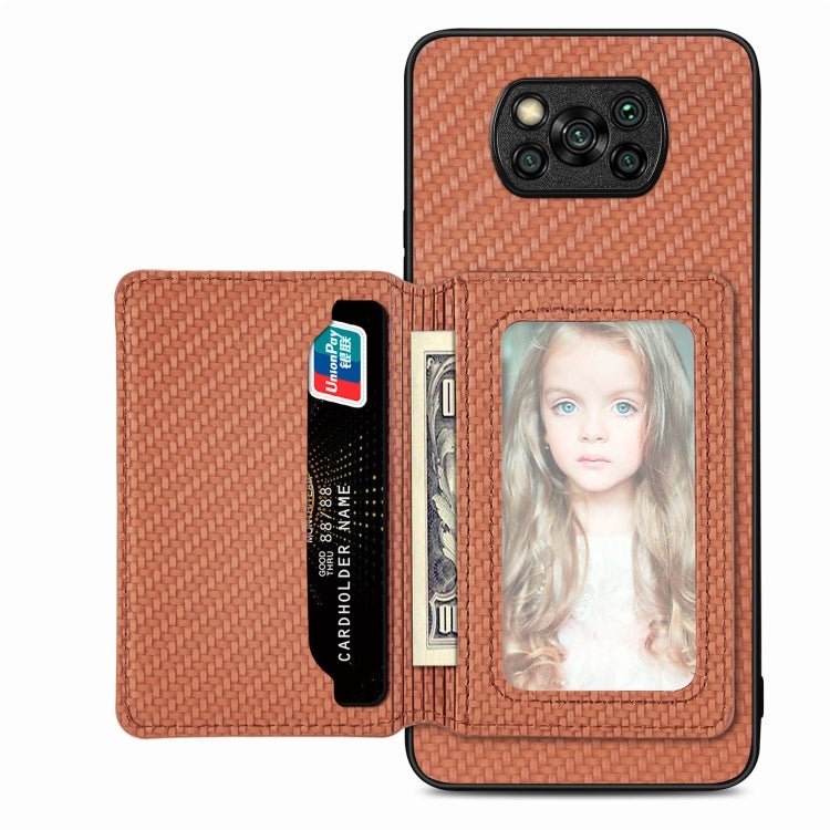 Carbon Fiber Magnetic Card Bag Phone Case, For Xiaomi Mi 11 Lite, For Xiaomi Redmi Note 12 Pro+ 5G Global, For Xiaomi Poco X3 NFC, For Xiaomi Poco X5 Pro - InStock