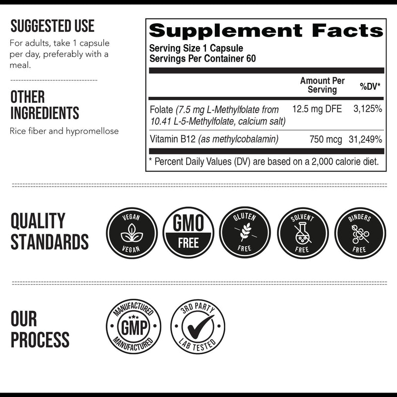 L Methylfolate 7.5mg + Methyl B12 (5-MTHF) - MTHFR Supplement - Bloodstream Ready Folate + B12 Cofactor - 60 Capsules