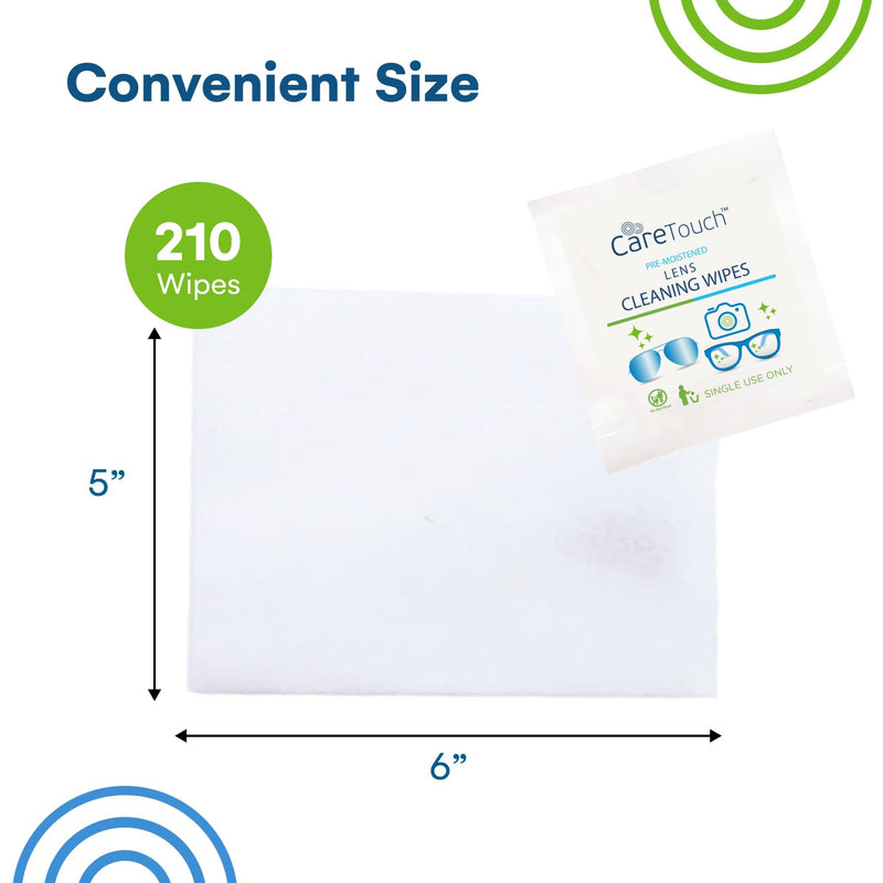 Care Touch Lens Wipes for Eyeglasses - 210 Count Pre-Moistened Wipes, 5 x 6 Inch, Portable Cleaner for Glasses, Sunglasses, and Camera Lenses