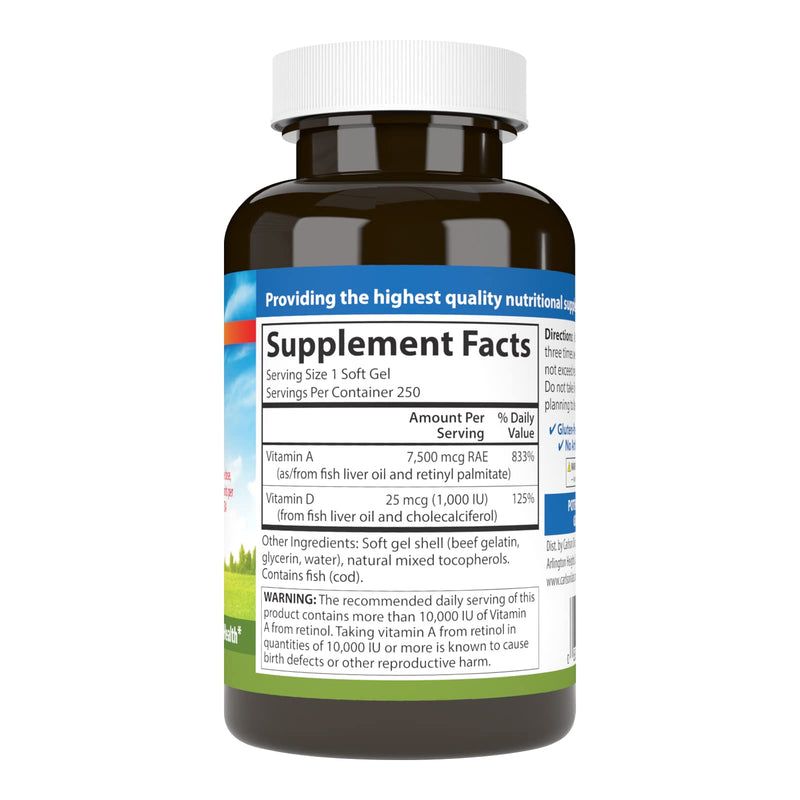 Carlson A&D Vitamin A & D Softgels – Vision & Skin Health | 25,000 IU / 1,000 IU | 250 Softgels