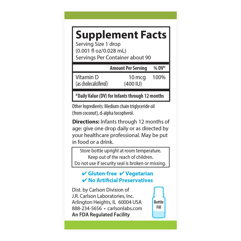 Carlson Baby D3 Drops – 400 IU, Algae-Sourced, Vegetarian Vitamin D for Infants & Toddlers
