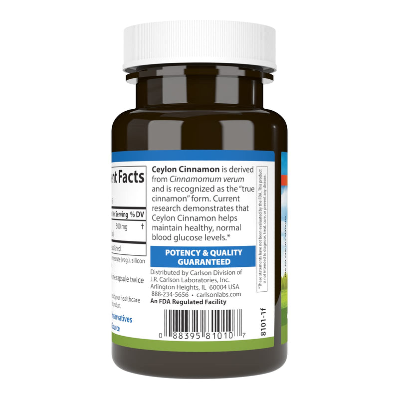 Carlson - Ceylon Cinnamon, Cinnamon Supplements, 500 mg, Cinnamon Extract Pills, Ceylon Cinnamon Capsules, 45 Capsules