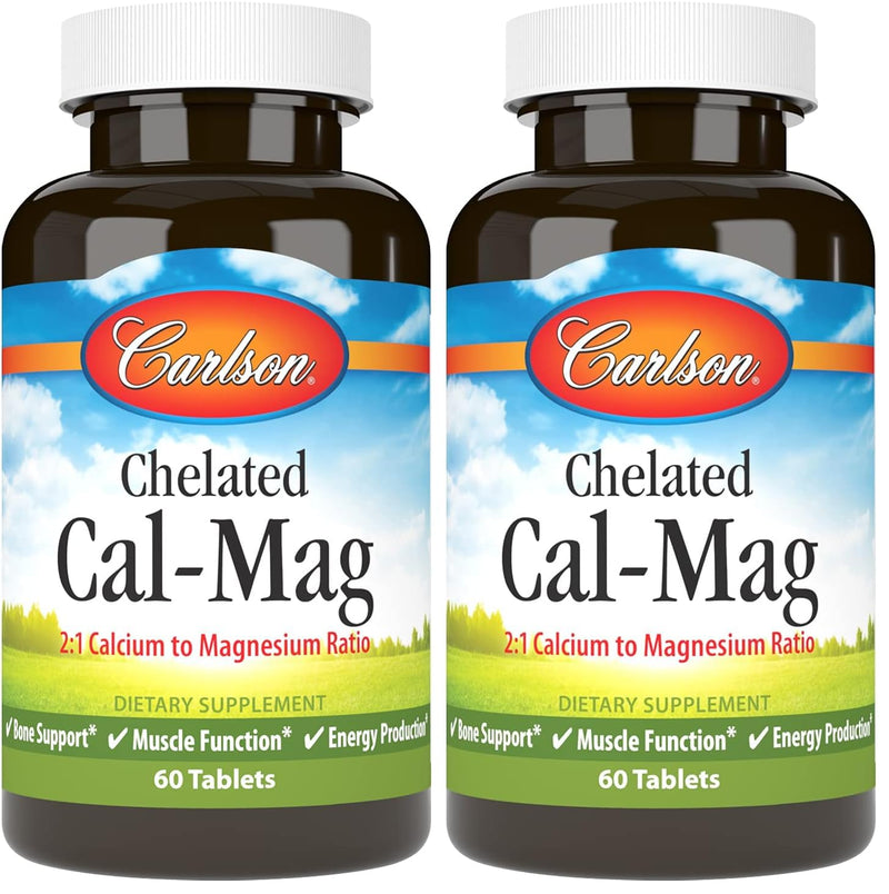 Carlson Chelated Cal-Mag 2:1 | Bone Support, Muscle Function & Energy | 60 Tablets (Pack of 2)