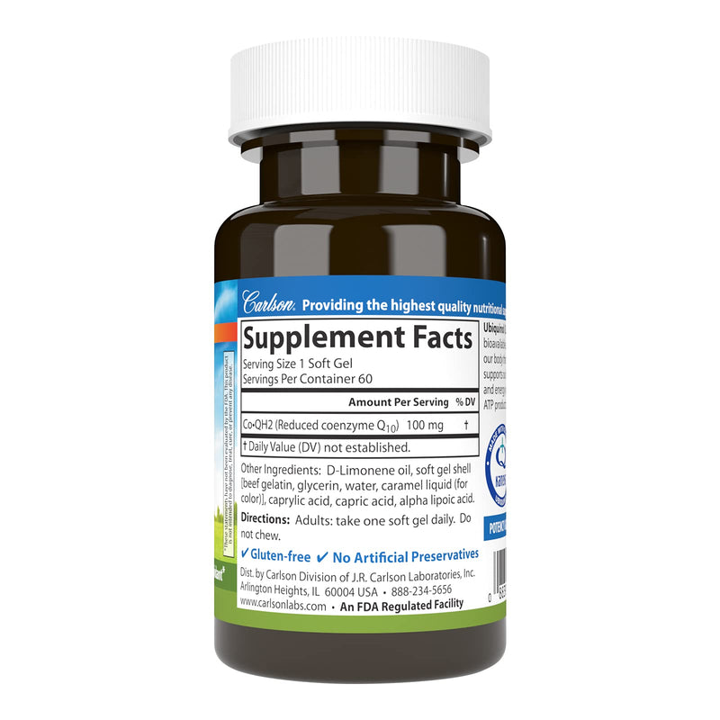 Carlson Co-QH2 Ubiquinol 100 mg | Energy, Heart Health & Antioxidant Support | 60 Softgels