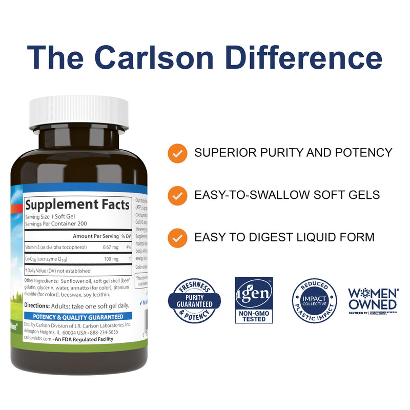 Carlson Co-Q10 100 mg – Co-Enzyme Q10 for Energy & Heart Health | 200 Softgels