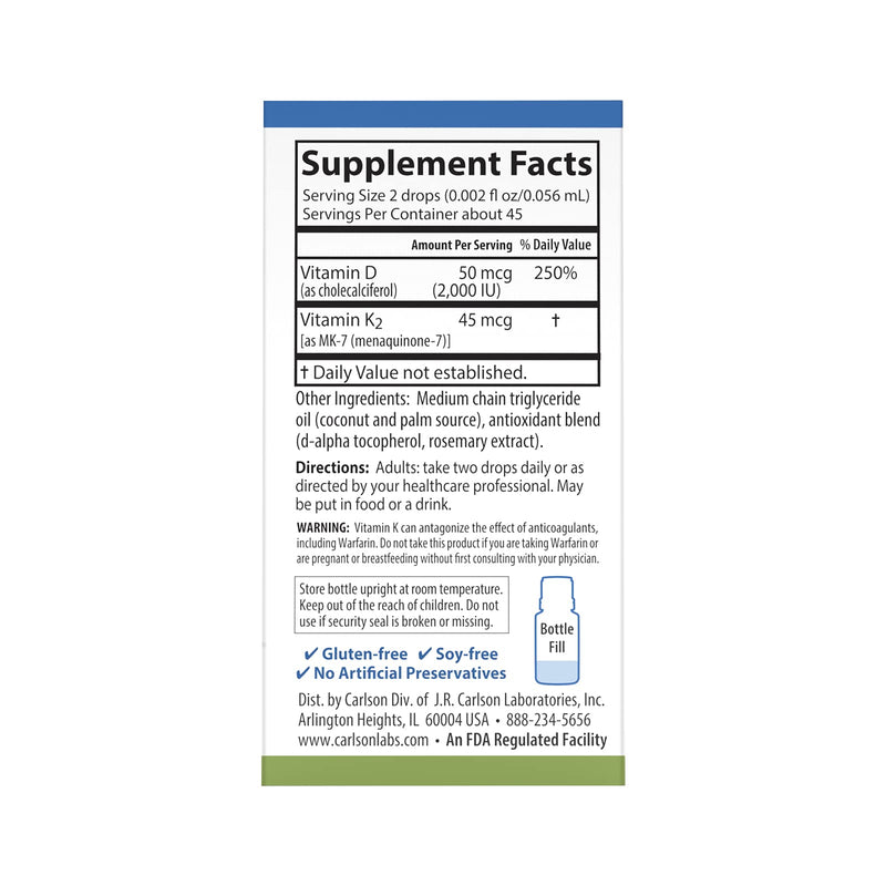 Carlson Super Daily D3 + K2, 50 mcg D3 + 45 mcg MK-7 | Heart & Bone Health | 90 Drops (Pack of 2)