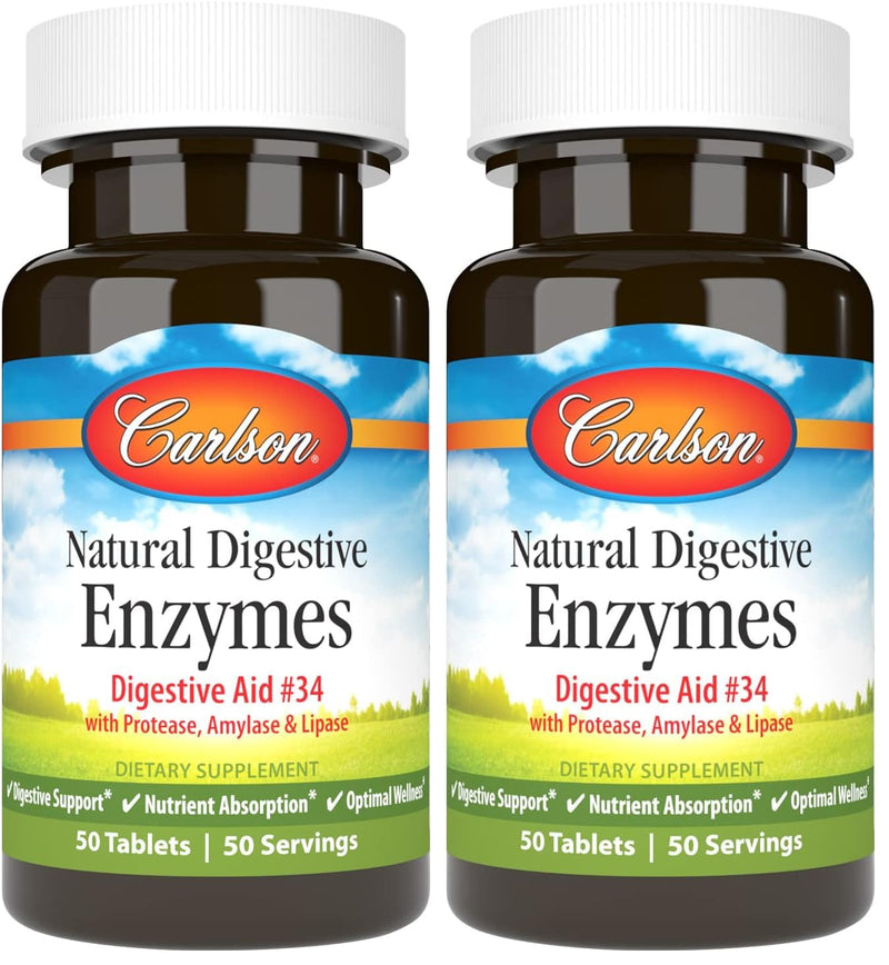 Carlson Natural Digestive Enzymes – Protease, Amylase & Lipase Digestive Aid, 50 Tablets (Pack of 2)