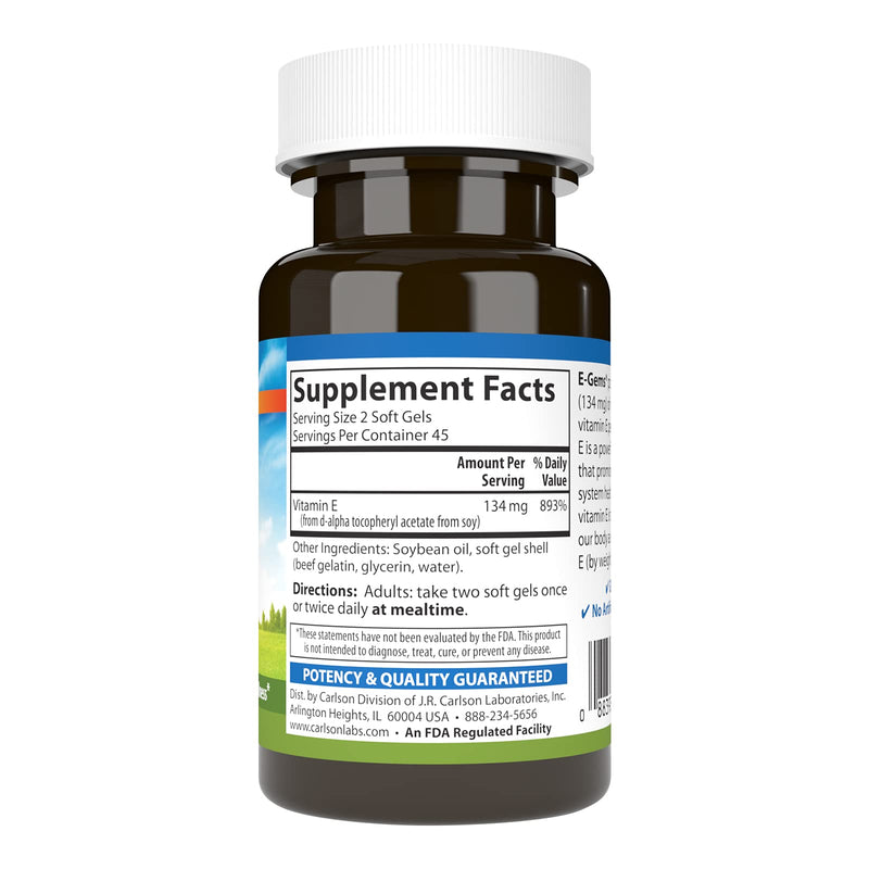 Carlson E-Gems Vitamin E 200 IU (134 mg) - Natural Source, 90 Soft Gels