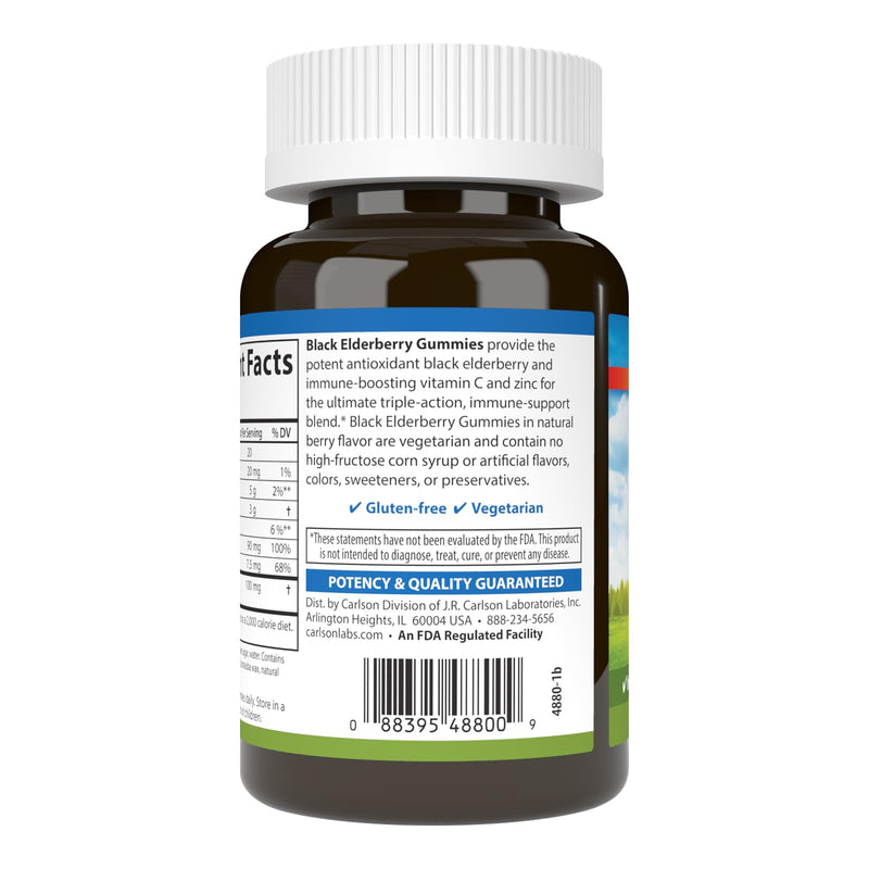 Carlson Black Elderberry Gummies with Vitamin C & Zinc | Immune Support - 60 Gummies