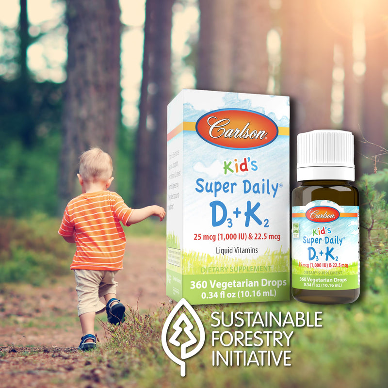Carlson Kid's Super Daily D3+K2 Drops – 1000 IU D3, 22.5 mcg K2, Unflavored, 360 Drops