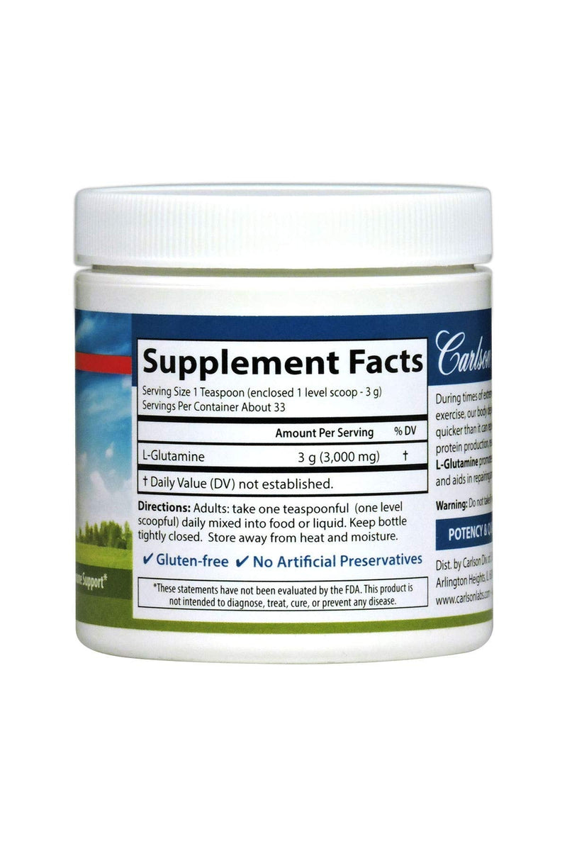 Carlson - L-Glutamine Powder, Free-Form Amino Acid, 3 g, Muscle Tissue Production & Function, Immune Support, 3.53 oz (100 g)