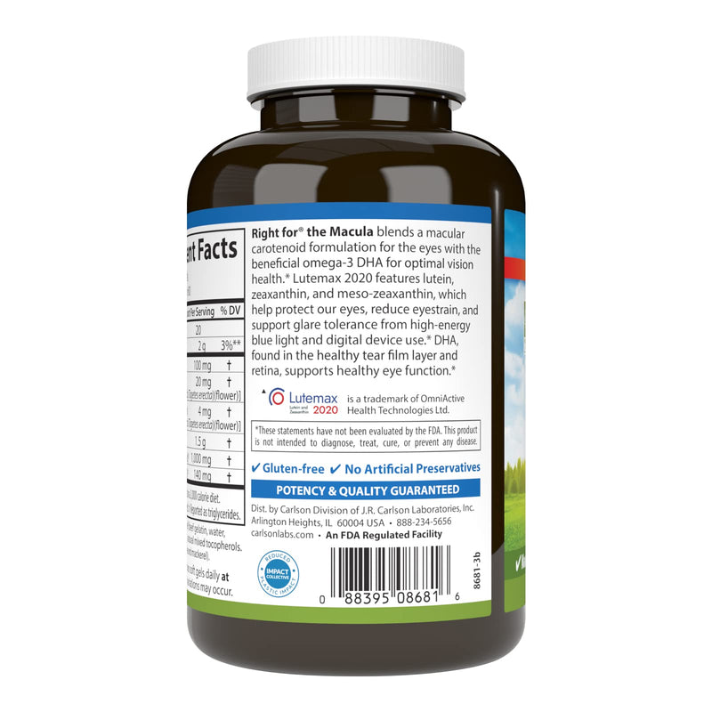 Carlson - Right for The Macula, Clinically Proven to Support Vision Health, Macular Health, Blue Light Protection & Eye Function, 120 Softgels