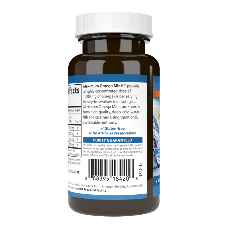 Carlson Maximum Omega Minis 1000 mg Omega-3s – Heart, Brain & Healthy Aging | Lemon, 60 Softgels