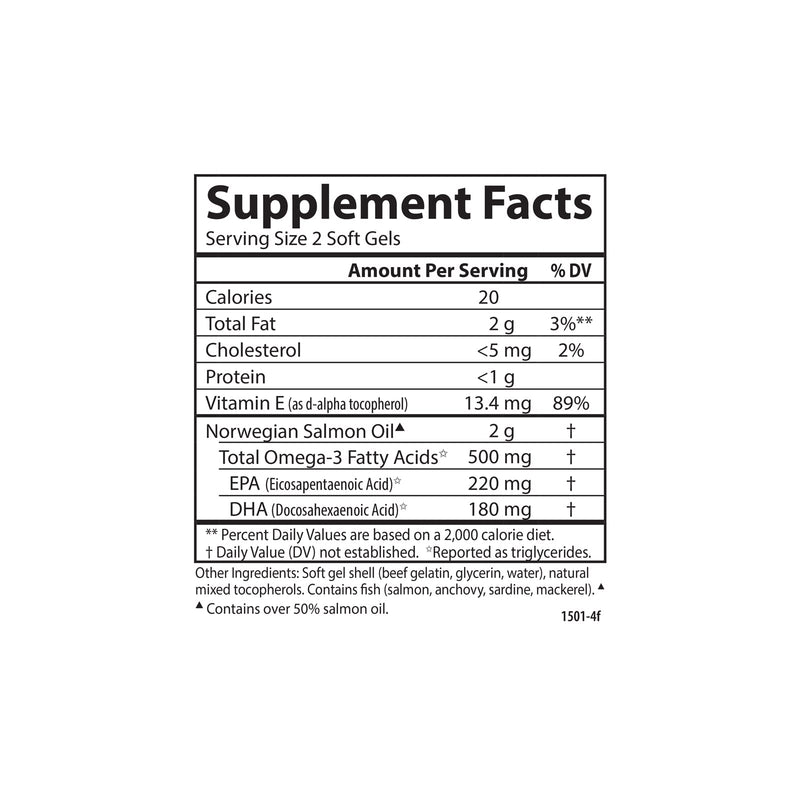 Carlson Salmon Oil 500 mg Omega-3 — Norwegian Wild-Caught, Sustainably Sourced, 180 Softgels