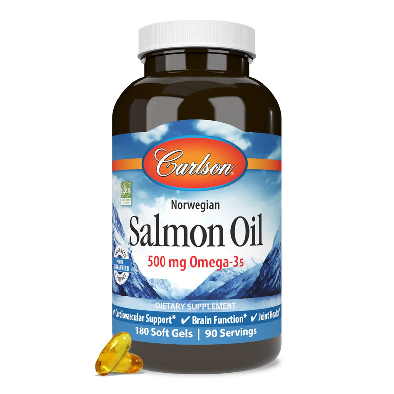 Carlson Salmon Oil 500 mg Omega-3 — Norwegian Wild-Caught, Sustainably Sourced, 180 Softgels