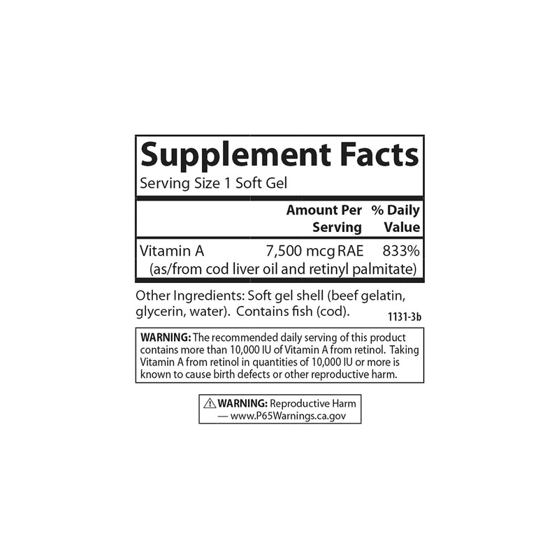 Carlson Vitamin A 25,000 IU – Vision & Skin Health, Immune Support, 100 Soft Gels