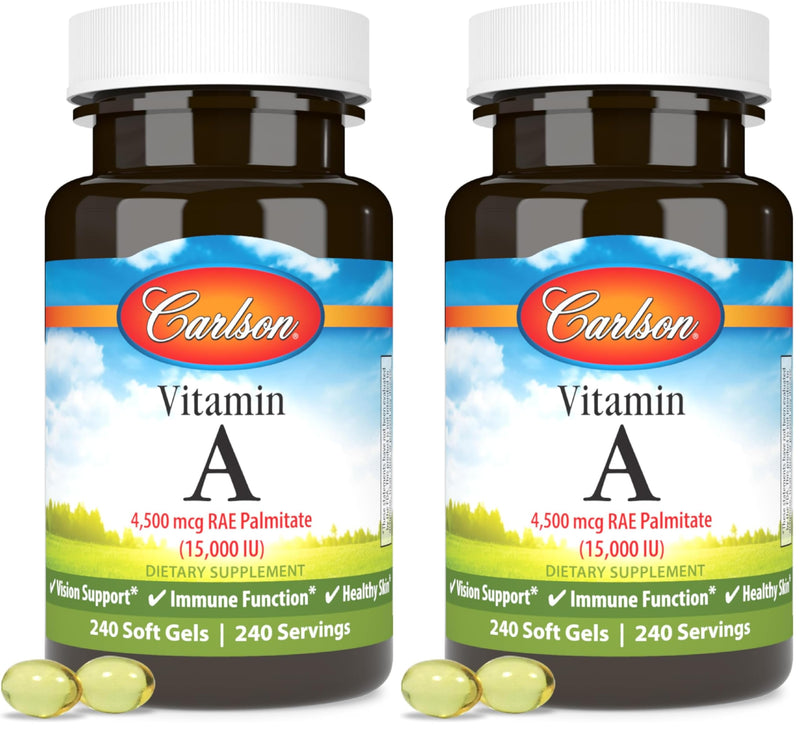 Carlson Vitamin A Palmitate 15000 IU (4500 mcg RAE) - Vision Health, Skin & Immune Support | 240 Softgels (Pack of 2)
