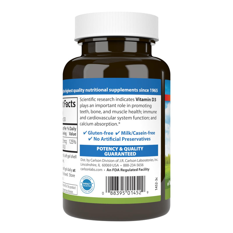 Carlson Vitamin D3 1000 IU Soft Gels – Bone & Muscle Health, 250 Softgels