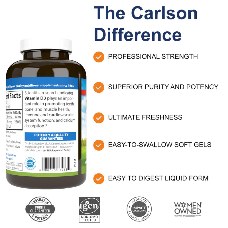 Carlson Vitamin D3 2000 IU – 360 Softgels | Bone & Immune Health