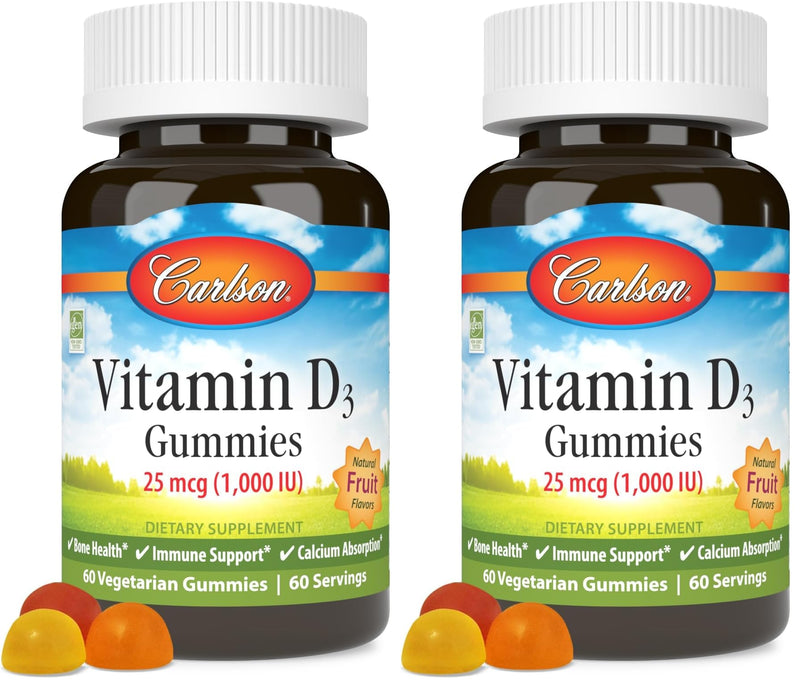 Carlson Vitamin D3 Gummies 1000 IU – Bone Health & Immune Support (Pack of 2, 60 Veg Gummies)