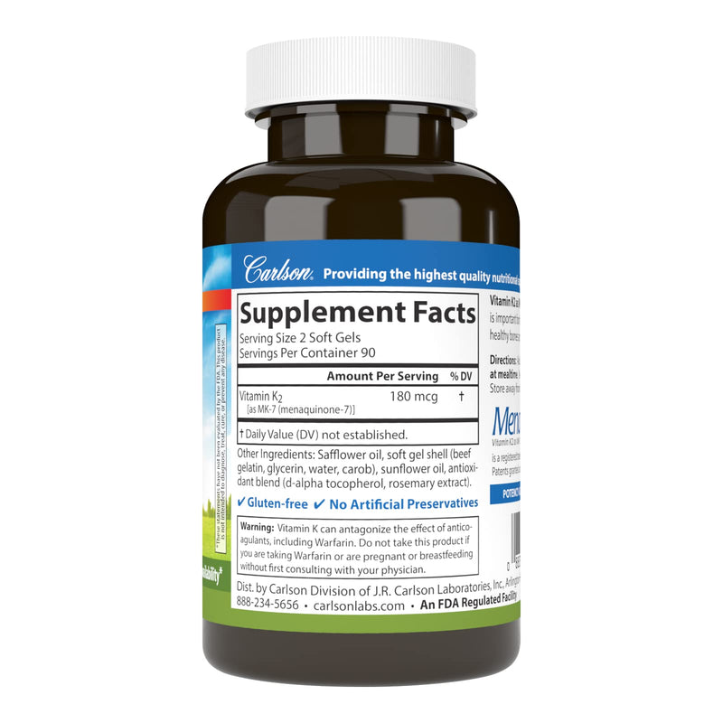 Carlson - Vitamin K2 MK-7 (Menaquinone), 180 mcg, Bone Support, Calcium Bioavailability, K2 Vitamin, Vitamin K-2, 180 Softgels