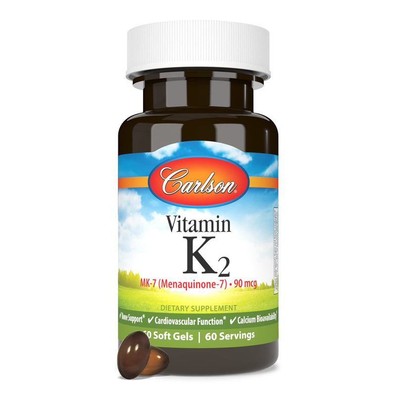 Carlson - Vitamin K2 MK-7 (Menaquinone), 90 mcg, Bone Support, Calcium Bioavailability, K2 Vitamin, Vitamin K-2, 60 Softgels