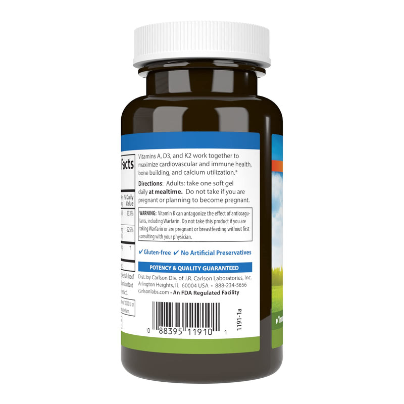 Carlson Vitamins A, D3, K2 3000 mcg RAE A, 125 mcg D3, 90 mcg K2 MK-7 | 120 Soft Gels